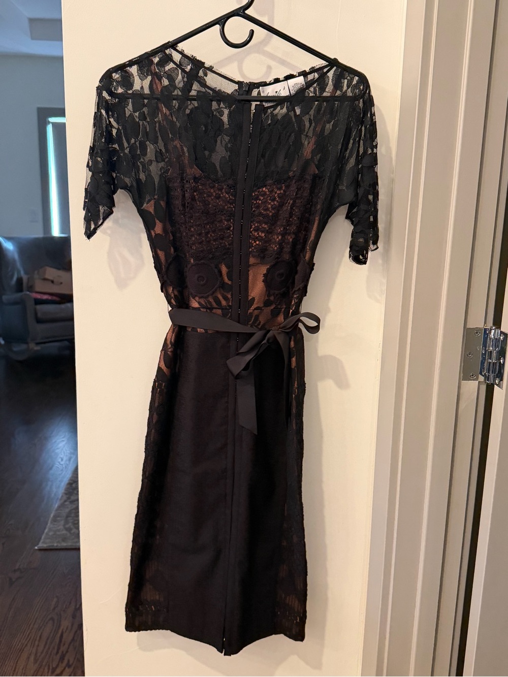 Byron Lars Black Lace Midi Dress with Satin Waist Tie from Anthropologie - Picture 4 of 6